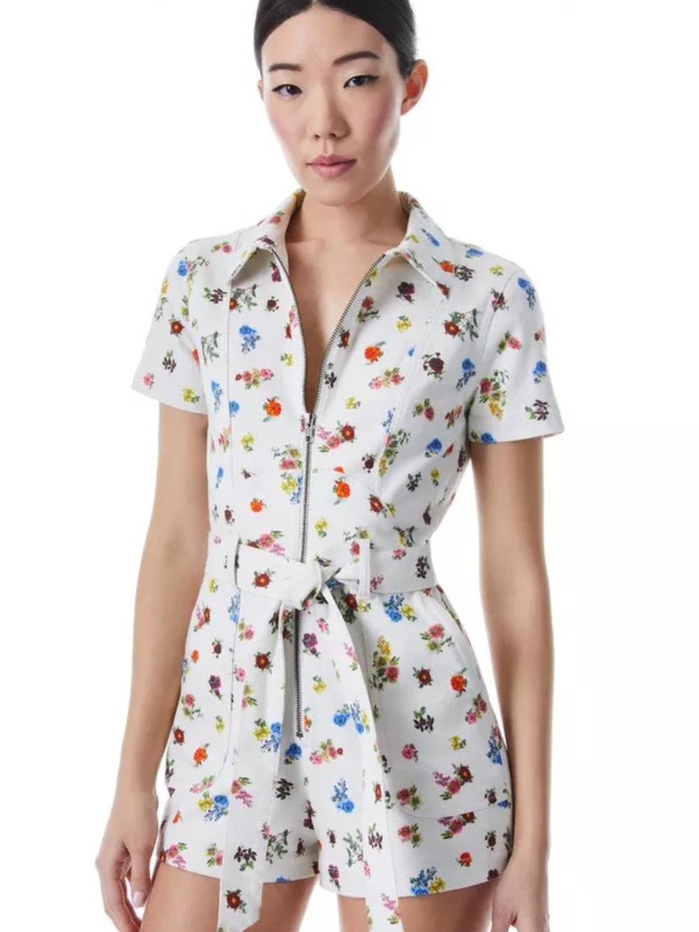Alice + Olivia White Floral Zip-Front Short Jumpsuit